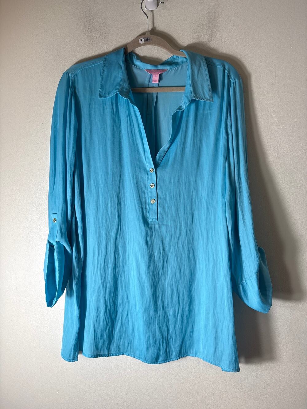 Lilly Pullitzer Teal Gold Button Blouse Sz XL